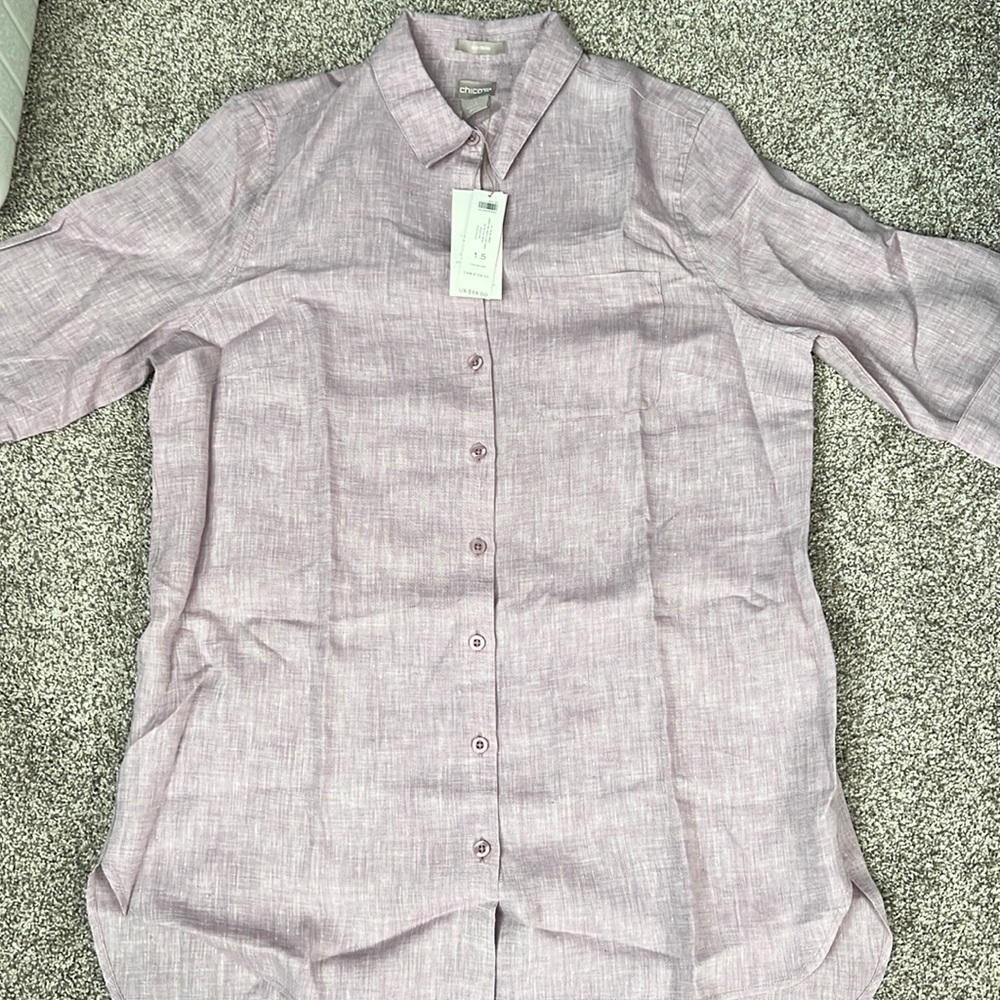 Chico’s no iron linen shirttail Hi-low tunic, in color violet ice (light purple)